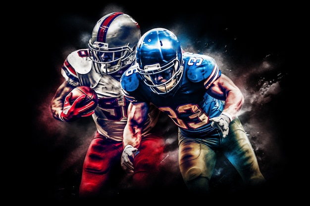 American football player in action on a dark smoky background with AI generated