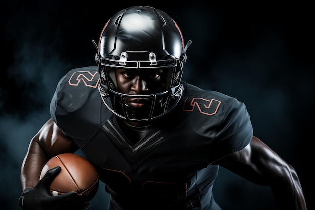 Photo american football player of african descent in dark uniform runs with the ball on the dark background fighting on the field fighting for the ball contact sport