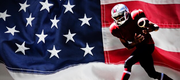 Photo american football player against full frame of american flag