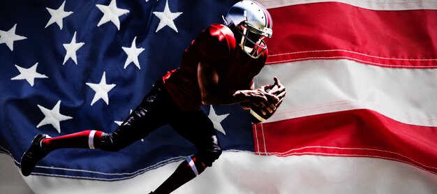 写真 アメリカの国旗の完全なフレームに対するアメリカン フットボール選手