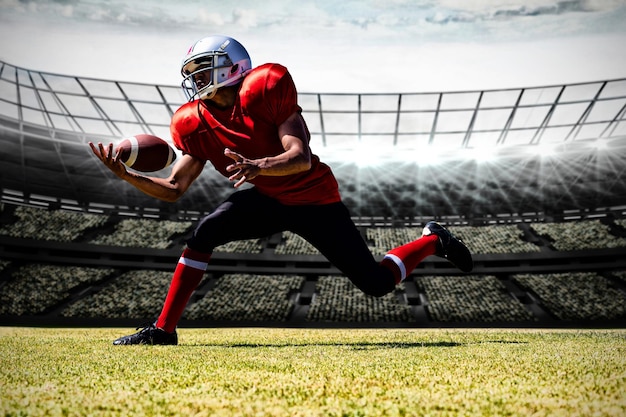 American Football Player against rugby stadium