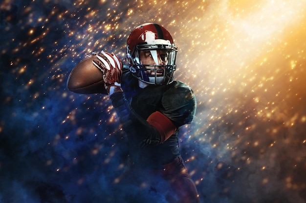 American football player athlete sportsman in red helmet on stadium background sport and motivation