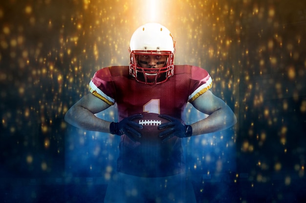 american football player banner template for a sports magazine on the theme of american football with copy space mockup for betting advertisement