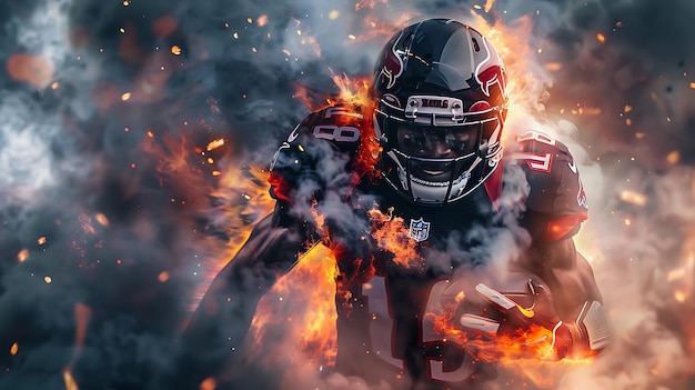 American Football Player in Flames Surrounded by Smoke and Sparks