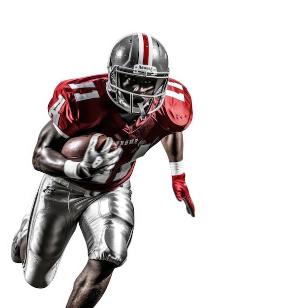 American football player in game in action with isolated white background