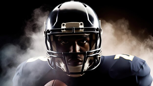 American football player in helmet against black background with smoke effect Generative AI