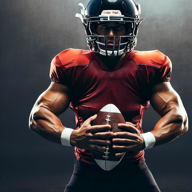 American football player in helmet holding rugby ball