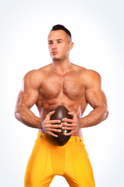 American football player in helmet isolated on white background Gay streptizer with naked torso