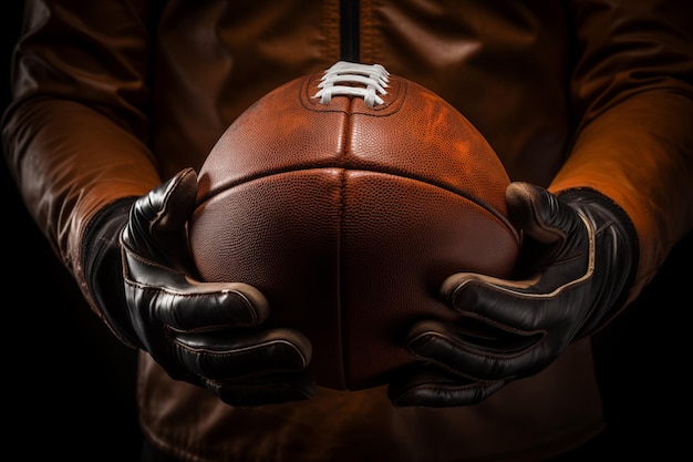 An American football player holds a ball in his hands in the background