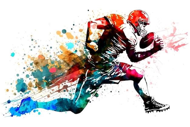 American football player man with multicolored paint splash isolated on white background Neural network generated art