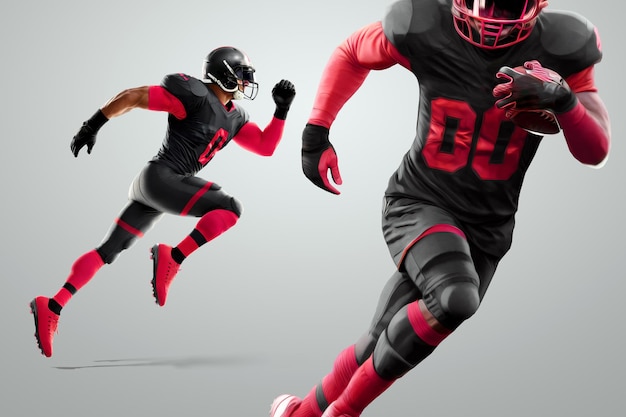 Giocatore di football americano in uniforme rossa e nera in posa di corsa su sfondo bianco modello di poster pubblicitario di football americano sport vuoto illustrazione 3d rendering 3d