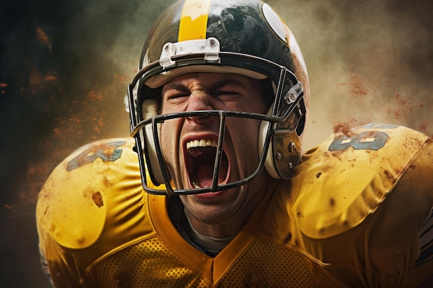 Американский футболист Спортсмен с мячом в шлеме в действии Спорт и активный образ жизни
