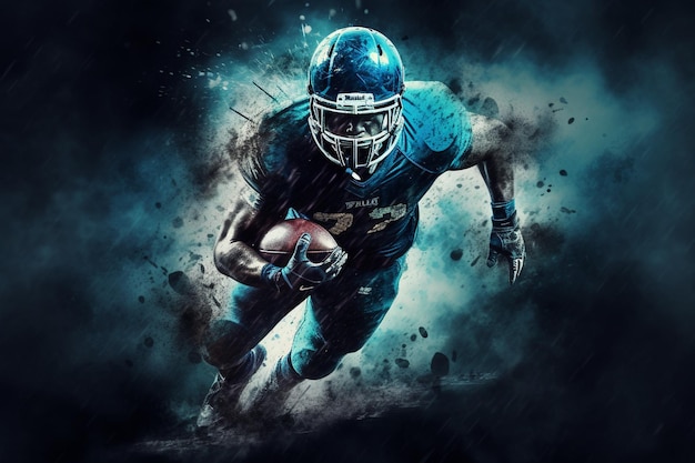 American football player sportsman with ball in helmet on stadium in action sport wallpaper team