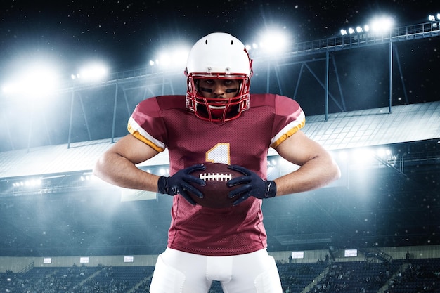 american football player on stadium before game template for a sports magazine on the theme of american football with copy space mockup for betting advertisement