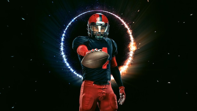 American Football player on stadium with smoke and lights