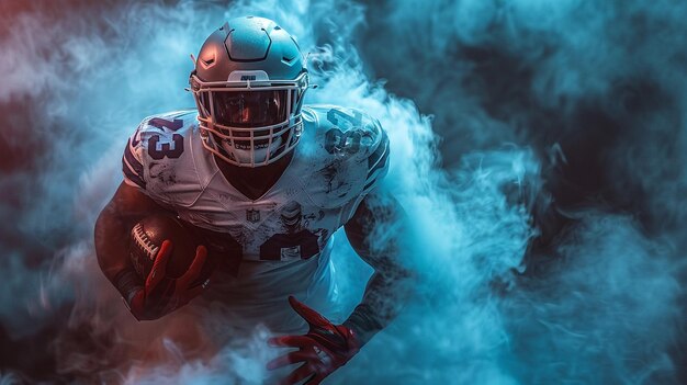 An American football player wearing a helmet and a full uniform charges powerfully through dense dramatic mist on the field Captures the intensity and focus of the sport