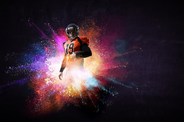 American football player with colourful splashes. Mixed media