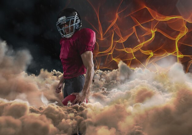 american football player with fire background