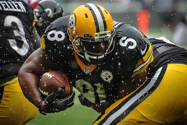 american football player in yellow and black uniform closeup in rain