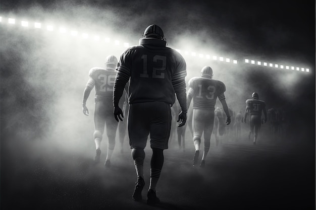 Игроки в американский футбол выходят на поле с туманом и туманом Generative Ai