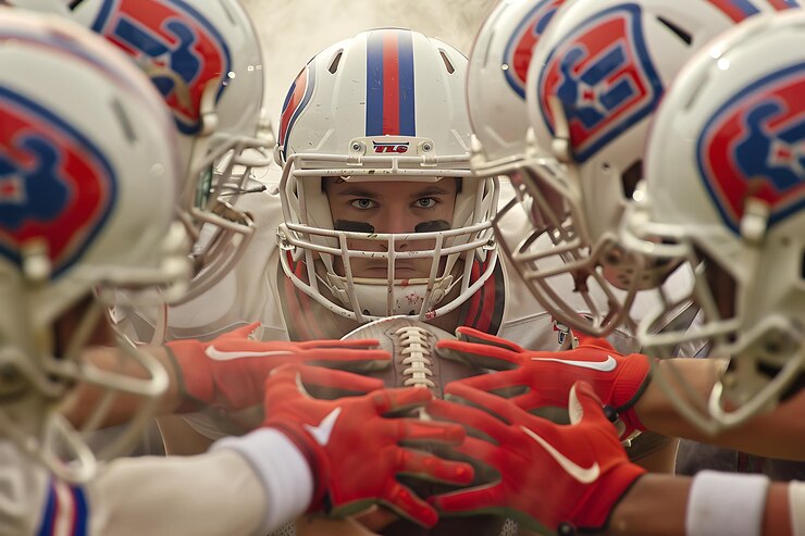 Photo american football players huddle up before a play closeup of helmets and hands