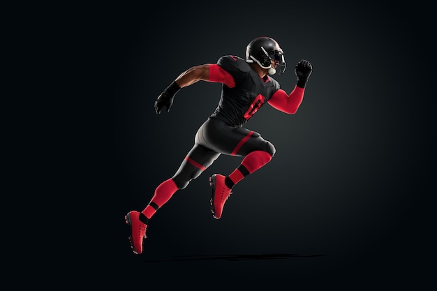 American Football speler in rood en zwart uniform in running pose op zwarte achtergrond American Football reclame poster sjabloon blanco sport 3D illustratie 3D rendering