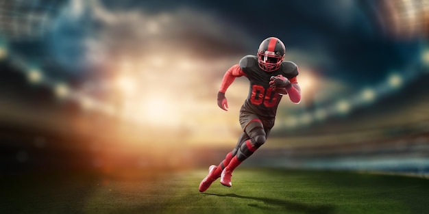 American Football speler in rood en zwart uniform in running pose tegen stadion achtergrond American Football reclame poster sjabloon blanco sport 3D illustratie 3D rendering