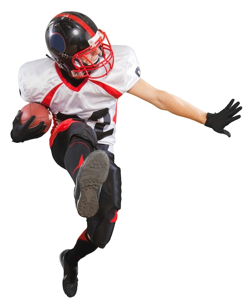 American football-speler met de bal geïsoleerd op een witte achtergrond