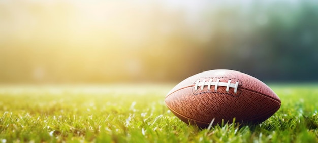American football on sunny grass field