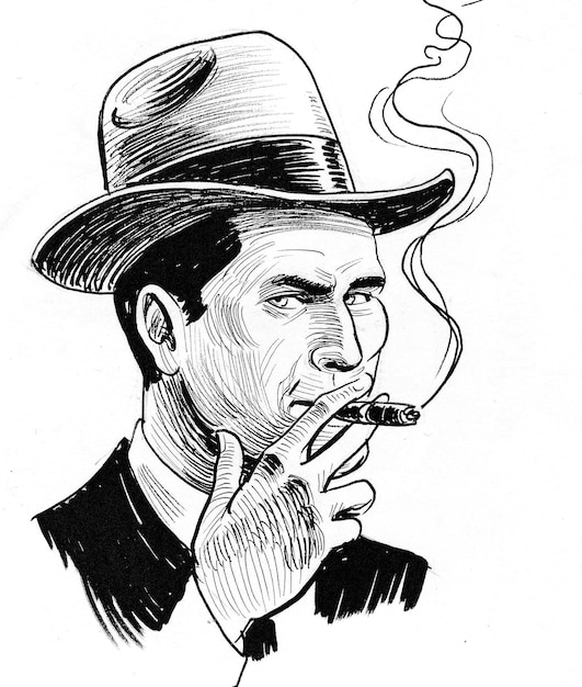 American gangster in suit and hat smoking a cigar. Ink black and white drawing