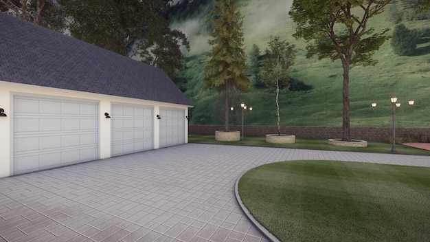 Foto illustrazione 3d di progettazione architettonica del garage americano