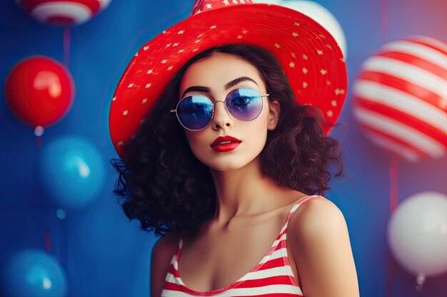 American girl with American symbols and balloons in patriotic colors Independence day USA