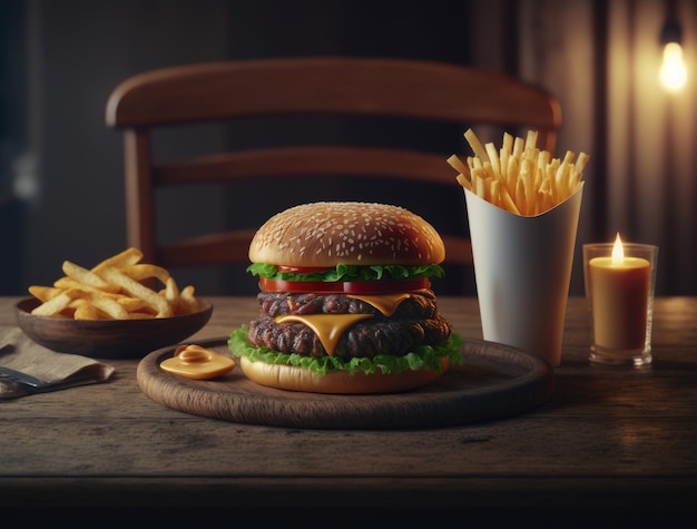 An american hamburger and a bowl of french fries sit on a table delicious cheeseburger ai generated