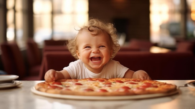 American happy baby toddler sitting at table with tasty crunchy fresh pizza