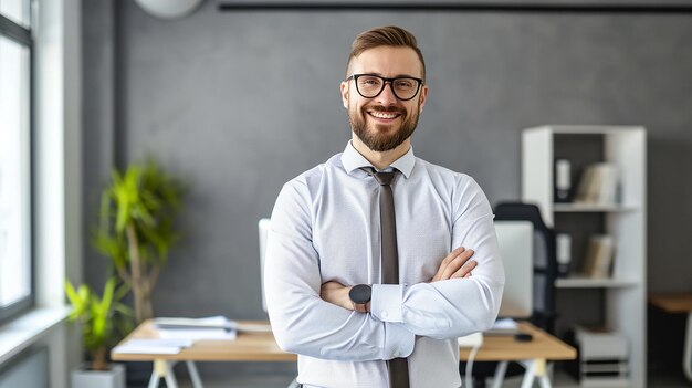 Photo american happy bank employee looking at camera