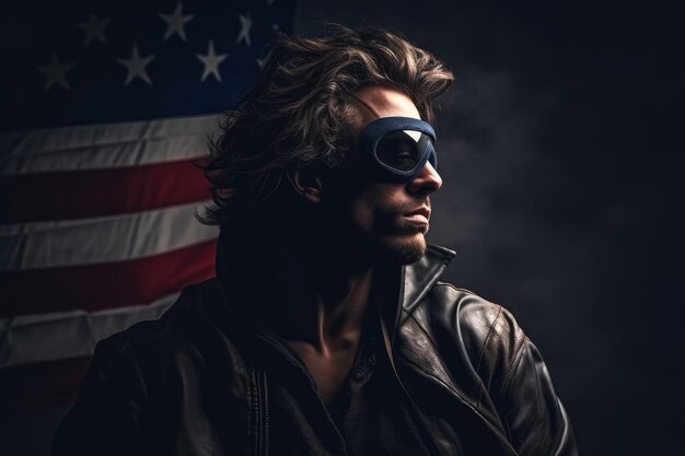 American hero patriot man at dark USA flag background generative ai