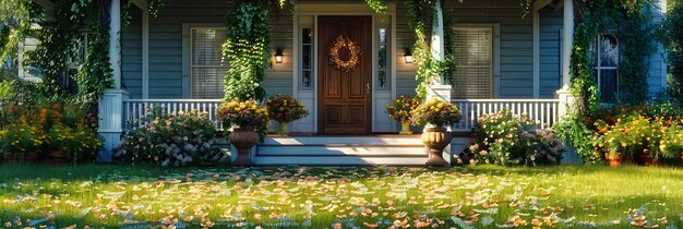 Photo american home decorated for autumn festive porch with seasonal flowers inviting residential atmosphere