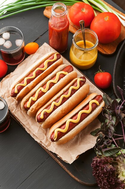 American hot dog with ingredients on a dark wooden background