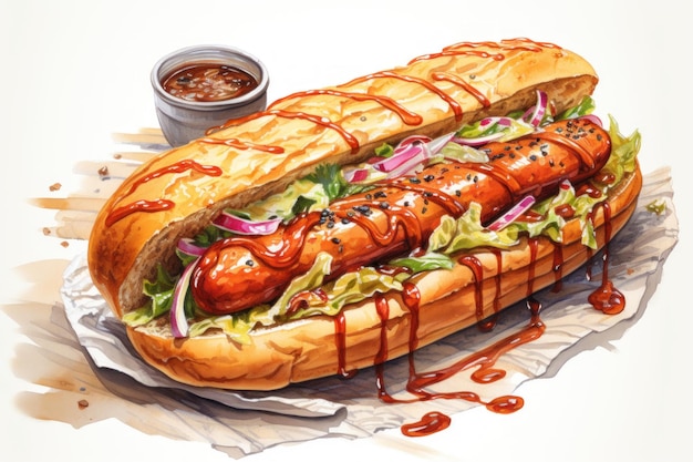 American hot dog with toppings fast food illustration Hand drawn watercolor style illustration