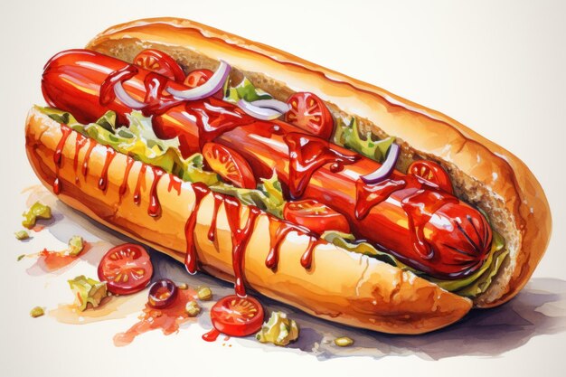 Hot dog americano con topping illustrazione di fast food disegnata a mano in acquerello