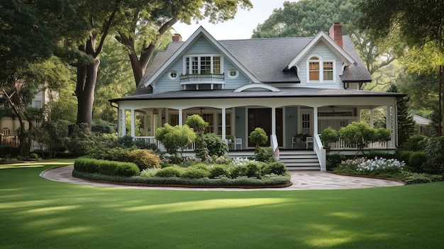 American house style with gardend walkside