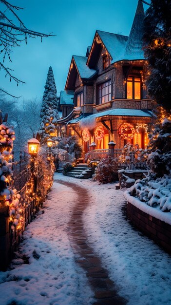 American house with christmas decoration in winter season with snow