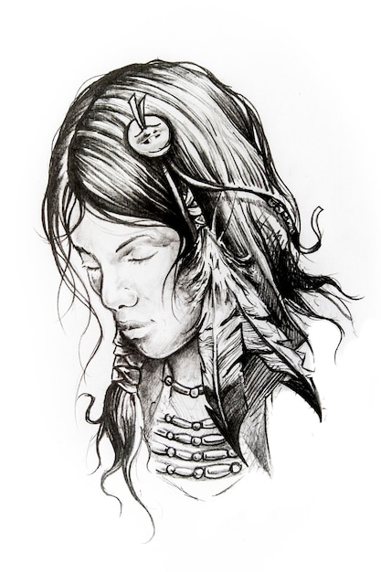 Photo american indian woman head, sketch of tattoo