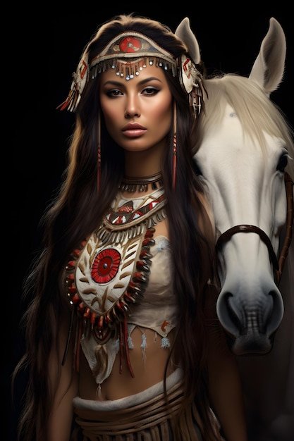 american indian woman horse head behind traditional style