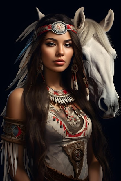 american indian woman horse head behind traditional style