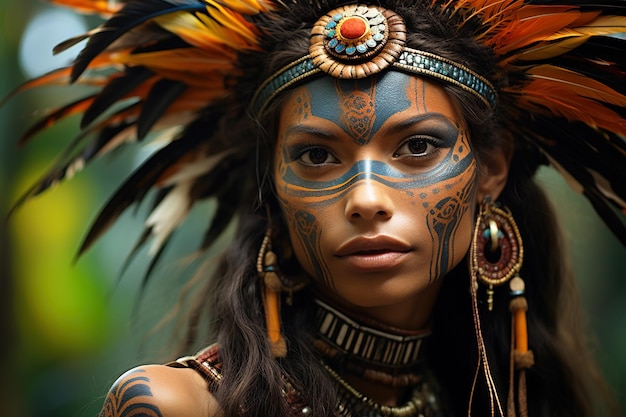 인디언 부족의 미국인 여성, 얼굴을 칠한 여성, 인공지능 생성, 털과 함께 전통적인 머리 장식을 입은 매력적인 여성, 자연에서 사람들의 주제, 여름의 아름다움