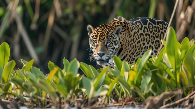 アメリカン・ジャガーが狩りをしています パンタナルの野生の自然