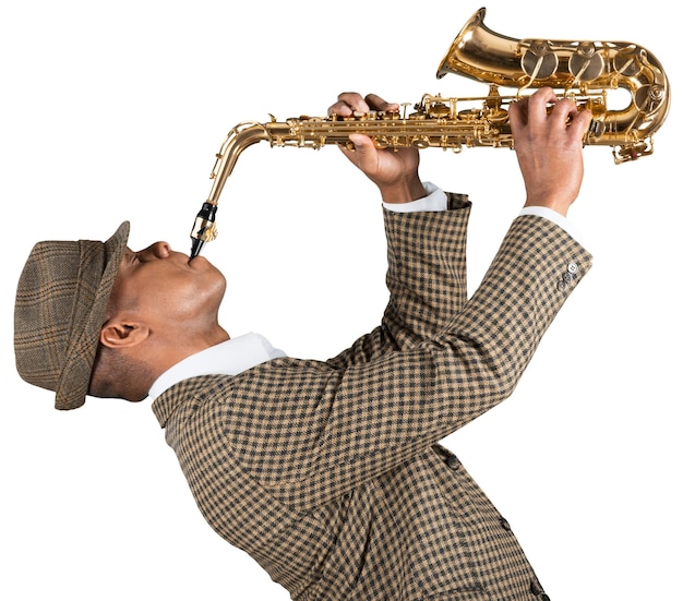 Photo american jazz saxophonist in hat playing on gold saxophone