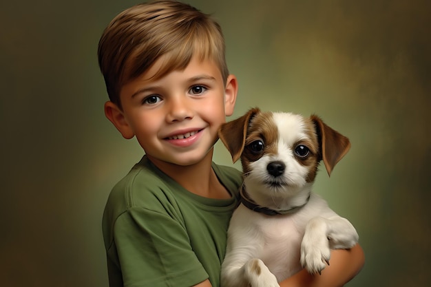 Photo american kid holding dog smiling pose realistic photo