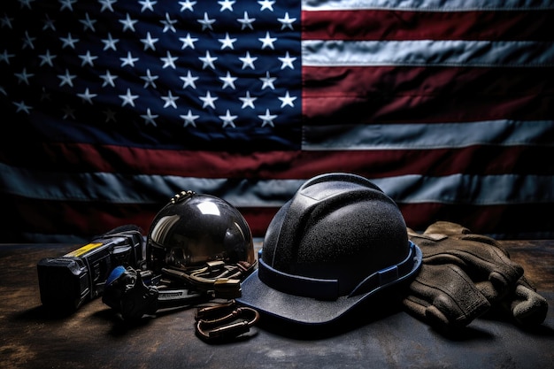 米国旗の背景にヘルメット手袋とカメラを備えたアメリカの労働者の日のコンセプト暗い黒の背景に愛国的な米国米国の米国旗を持つ建設および製造ツール AI 生成